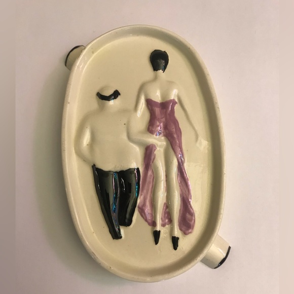 Source Unknown Other - Vintage Oh! ah! British Ashtray Hand painted Double Holder Blk & white w/ couple